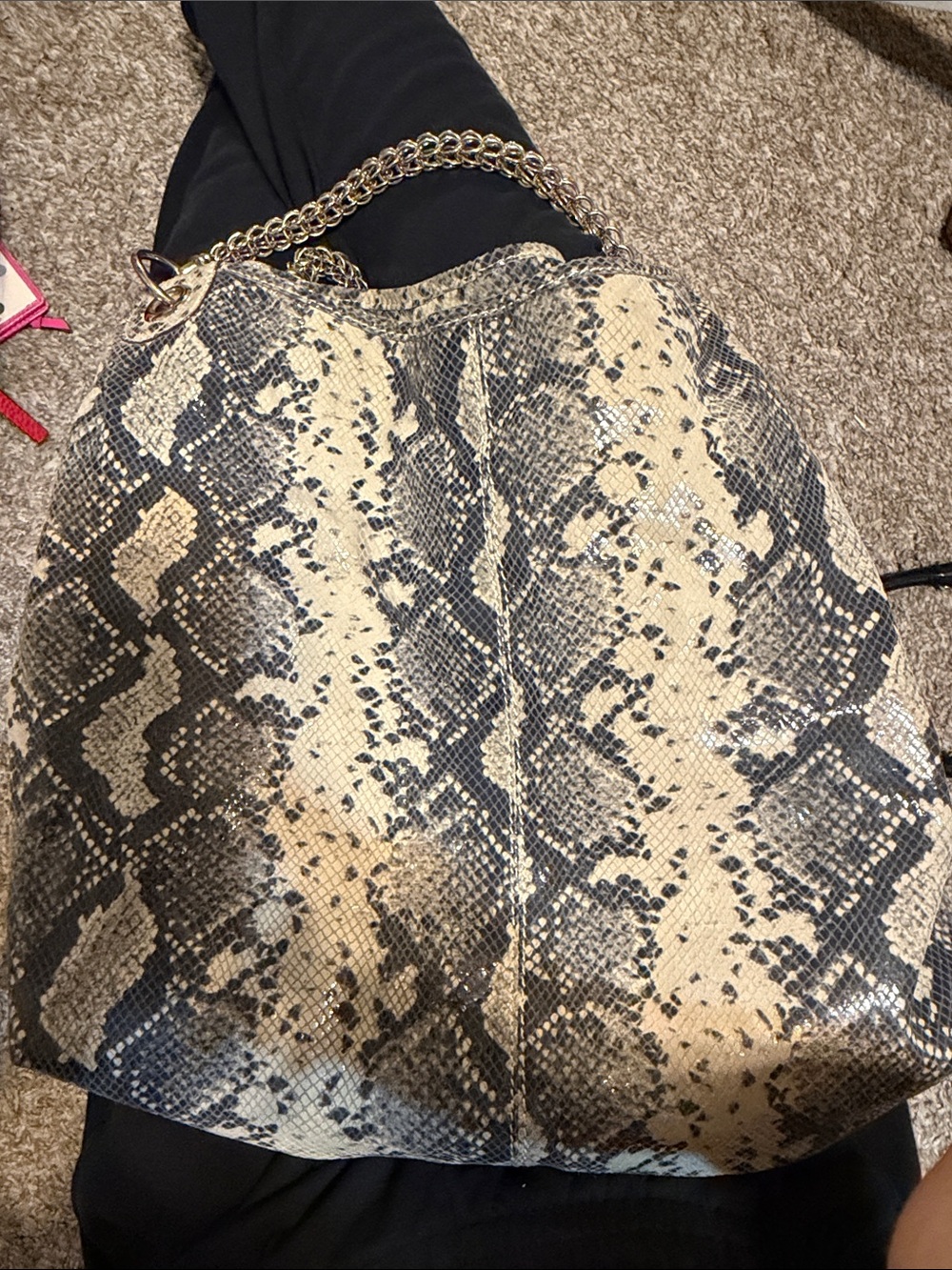 Snake-Print Tote Bag with Gold Chain Handle - Beige/Black